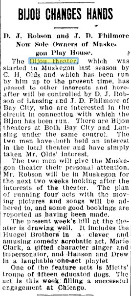 Bijou Theatre - Dec 1907 Changes Hands